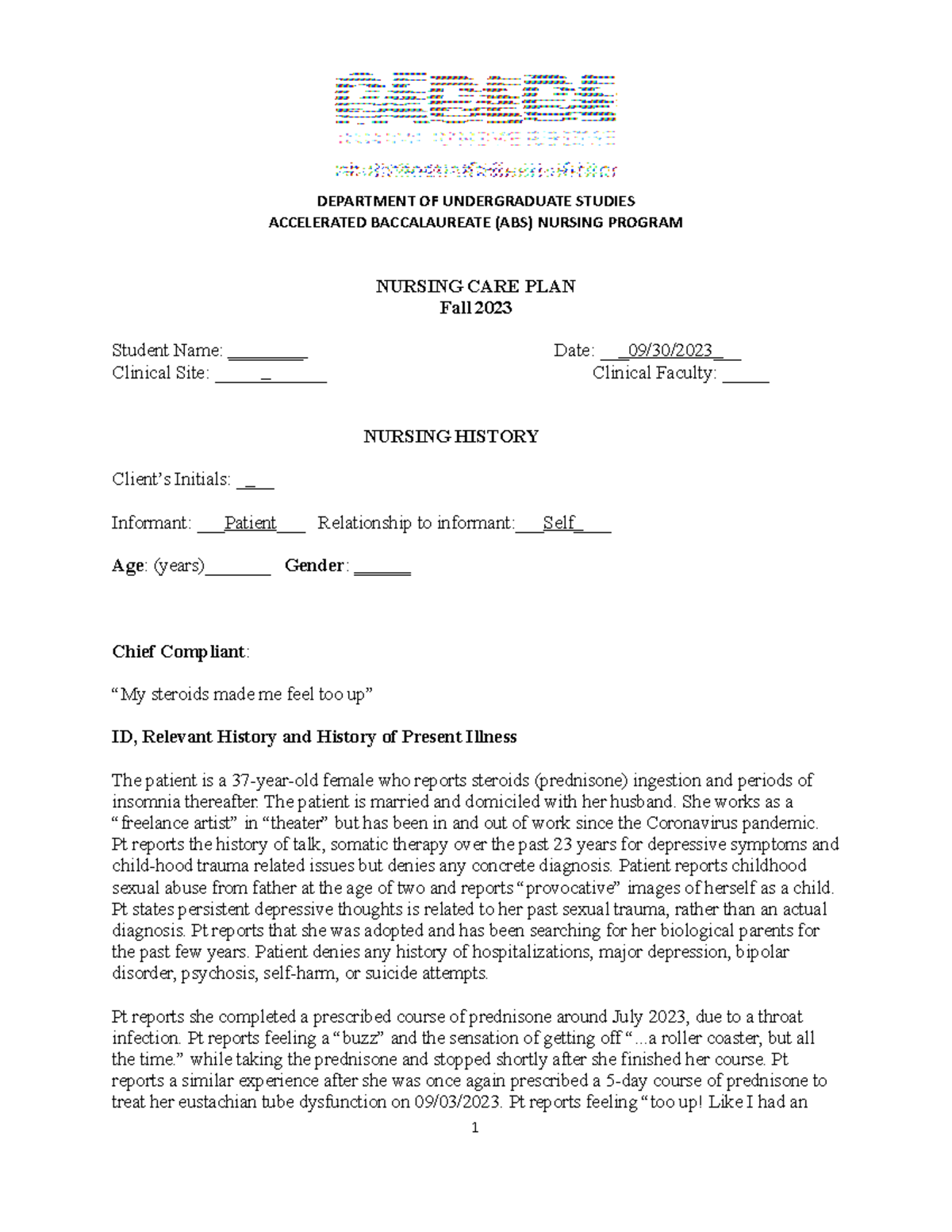 Careplan ABSN final ACCELERATED BACCALAUREATE (ABS) NURSING