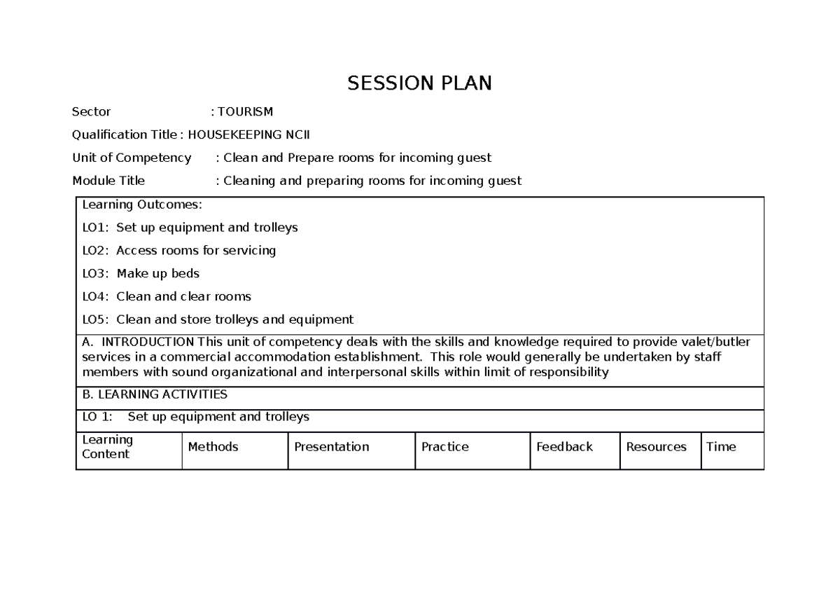 UC 2 Clean and prepare rooms for incoming guest - SESSION PLAN Sector ...