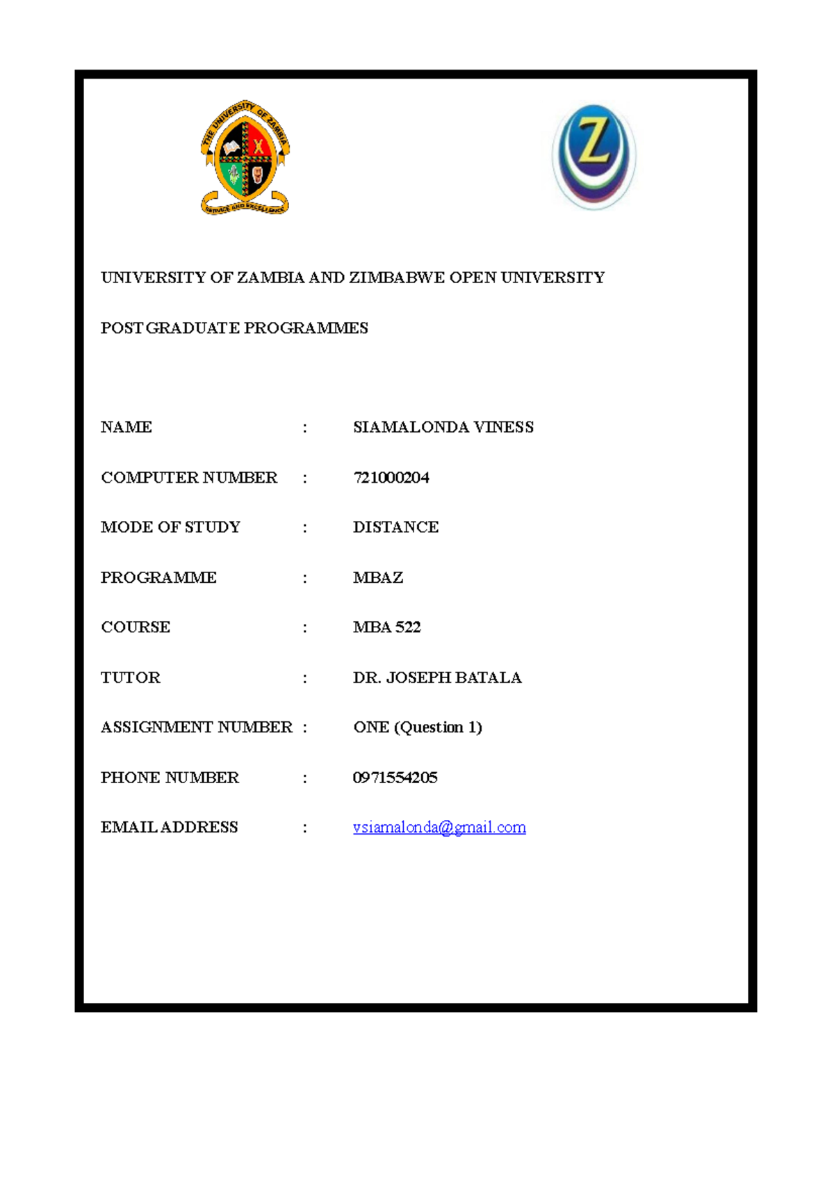 zimbabwe open university assignment cover page