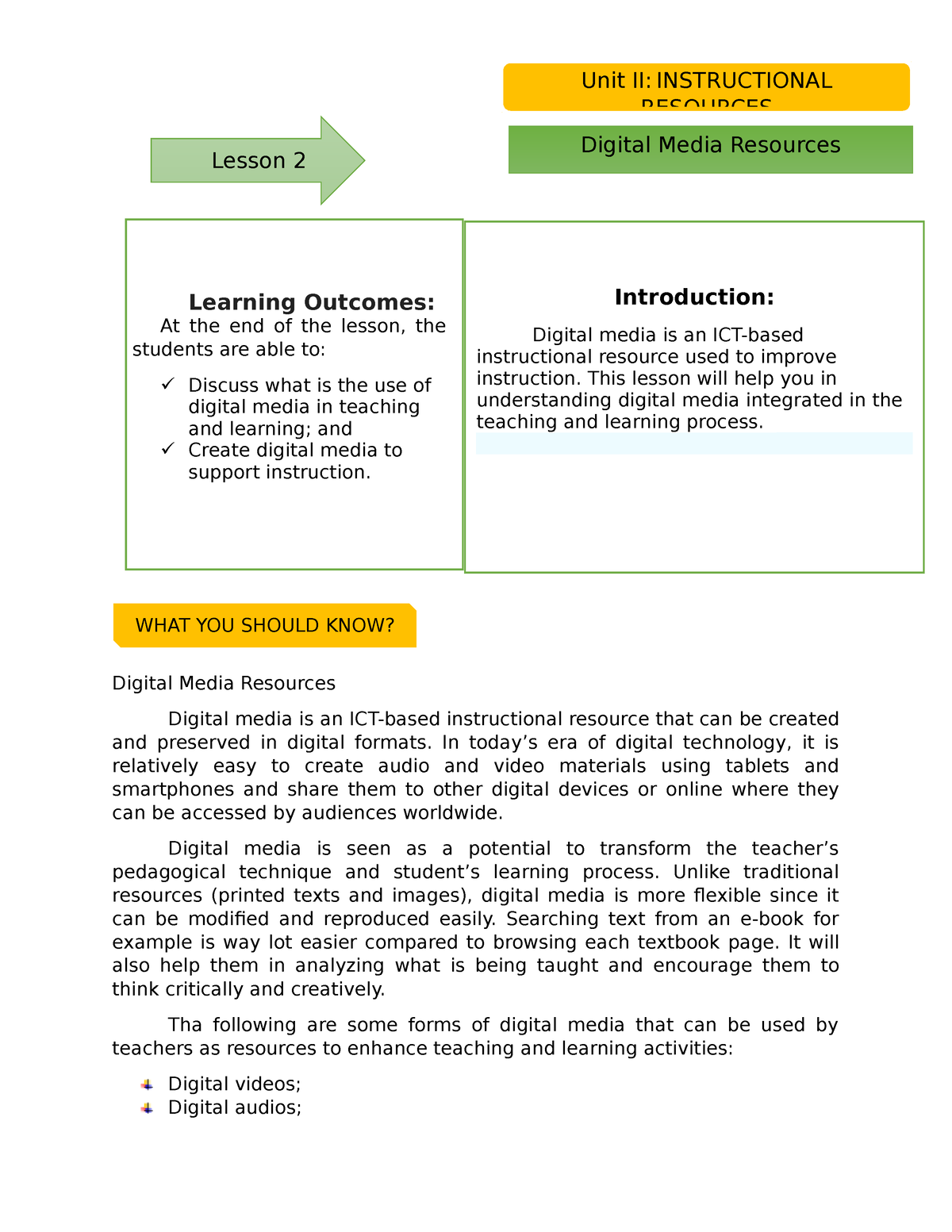 Unit III Lesson 2 Digital Media Resources - Digital Media Resources ...