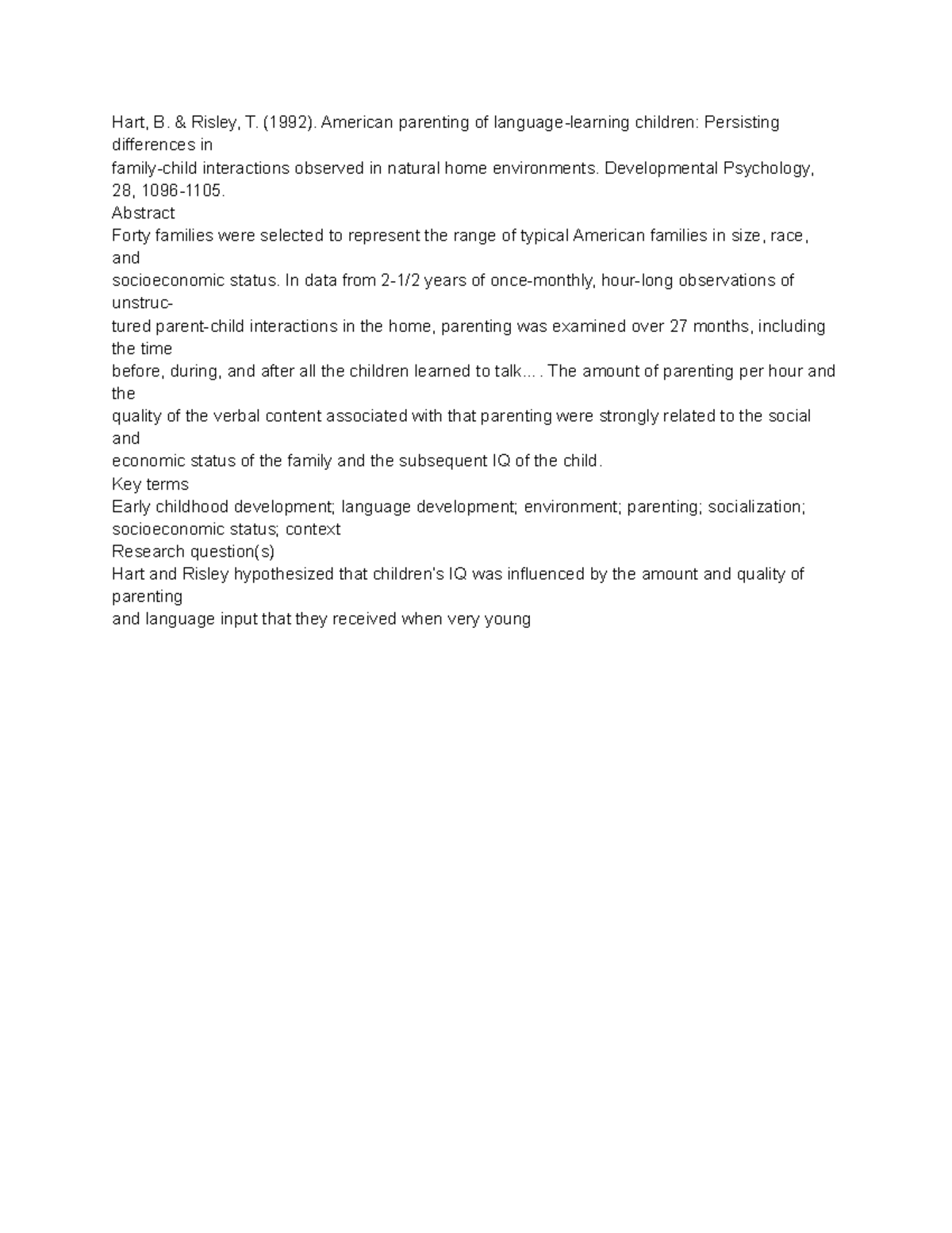 Hart and Risley Summary - Hart, B. & Risley, T. (1992). American ...