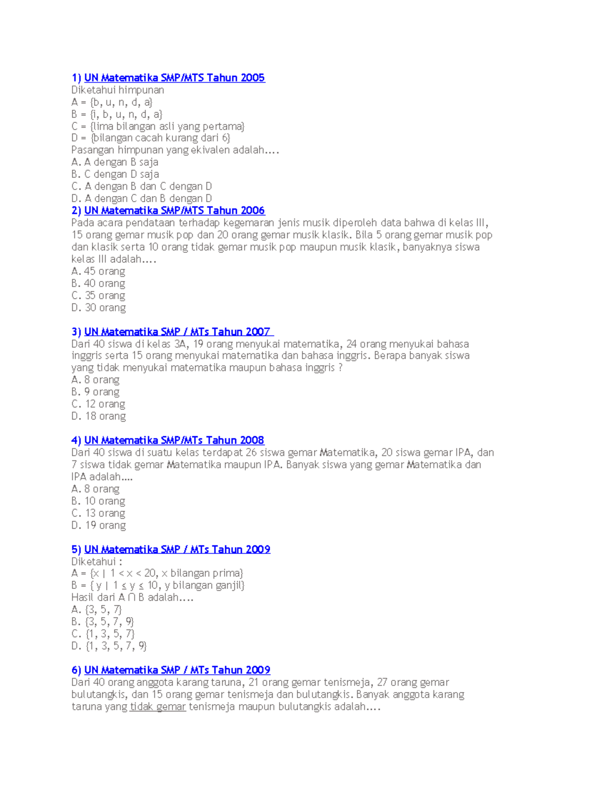 Irisan Dan Gabungan Himpunan SMP - UN Matematika SMP/MTS Tahun 2005 ...