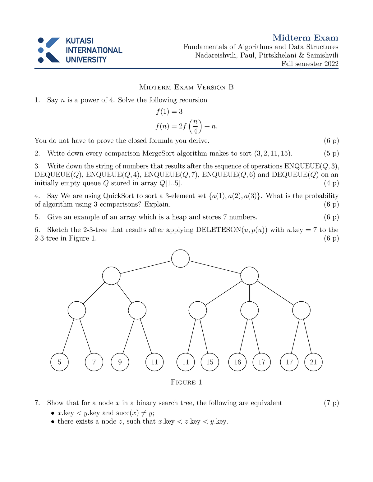 A DS Midterm B - Midterm Exam Fundamentals Of Algorithms And Data ...