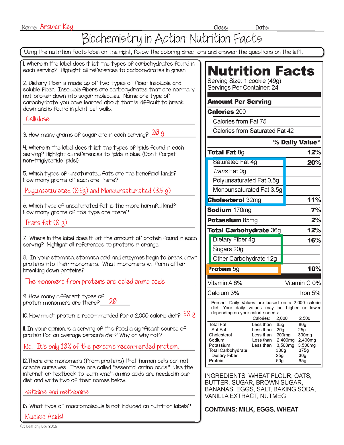 24-24 Answer Key - AP bio - Name: Class: Date: (C) Bethany Lau 24016 Inside Nutrition Label Worksheet Answer Key
