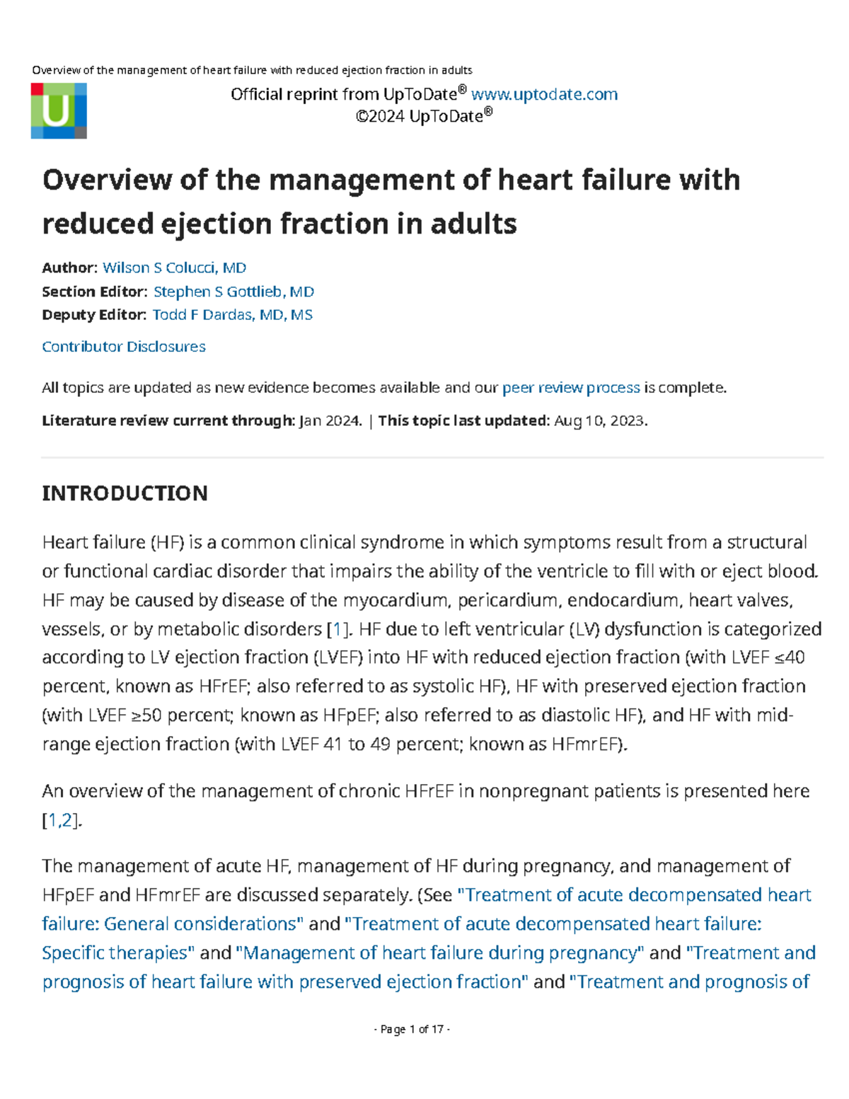 Overview of the management of heart failure with reduced ejection ...
