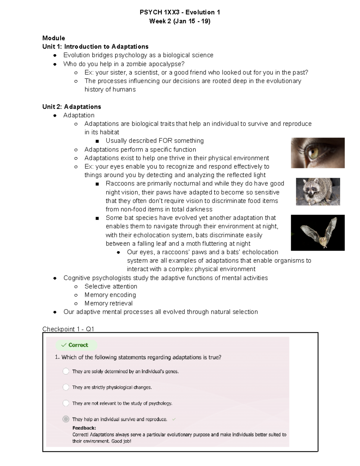 Evolution notes - PSYCH 1XX3 - Evolution 1 Week 2 (Jan 15 - 19) Module ...