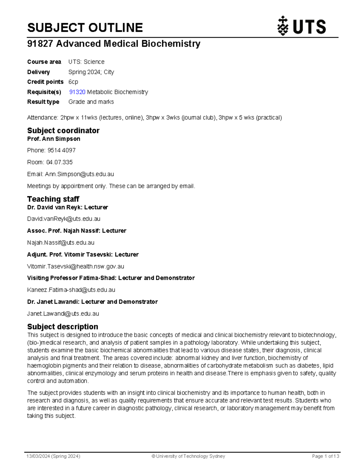 subject outline - SUBJECT OUTLINE 91827 Advanced Medical Biochemistry ...