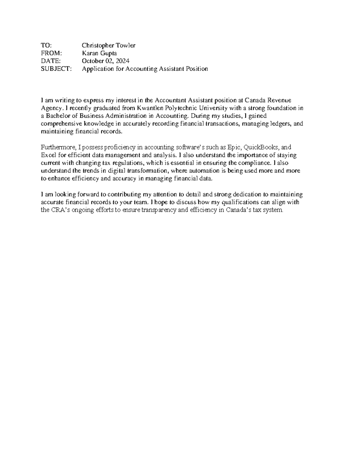 CMNS 1140 - MEMO - TO: Christopher Towler FROM: Karan Gupta DATE ...