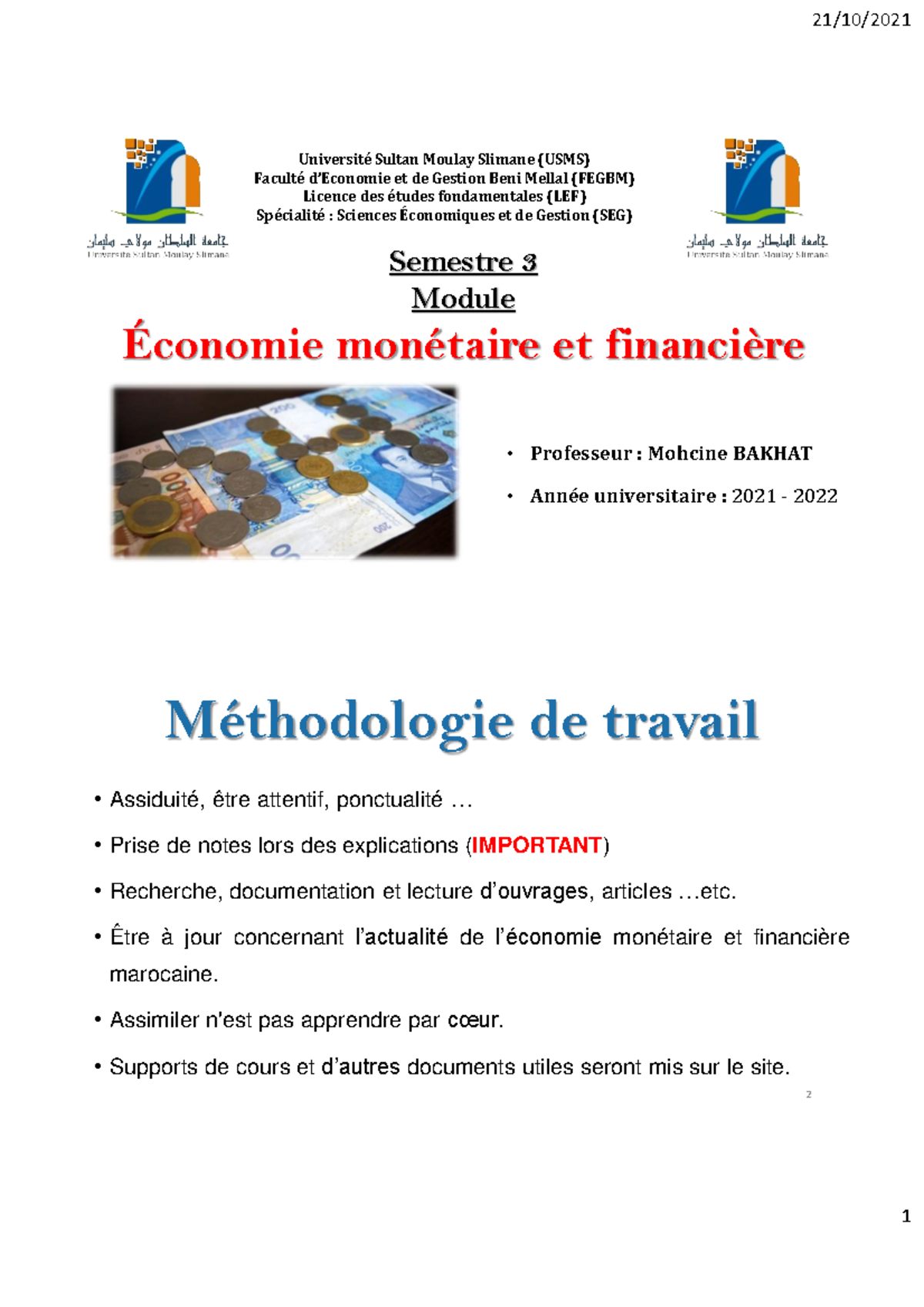 Chapitre 1 bakhat - EMF module - Semestre 3 Module Économie monétaire ...