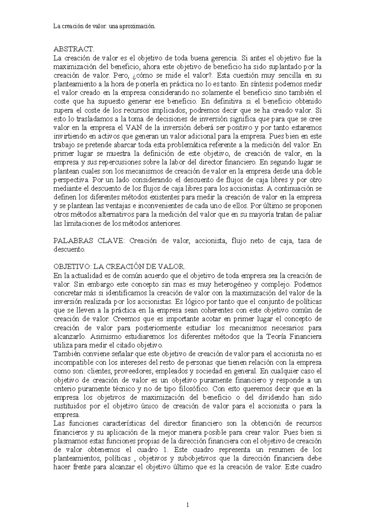 Creacion DE Valor DE Empresas - ABSTRACT. La creación de valor es el ...