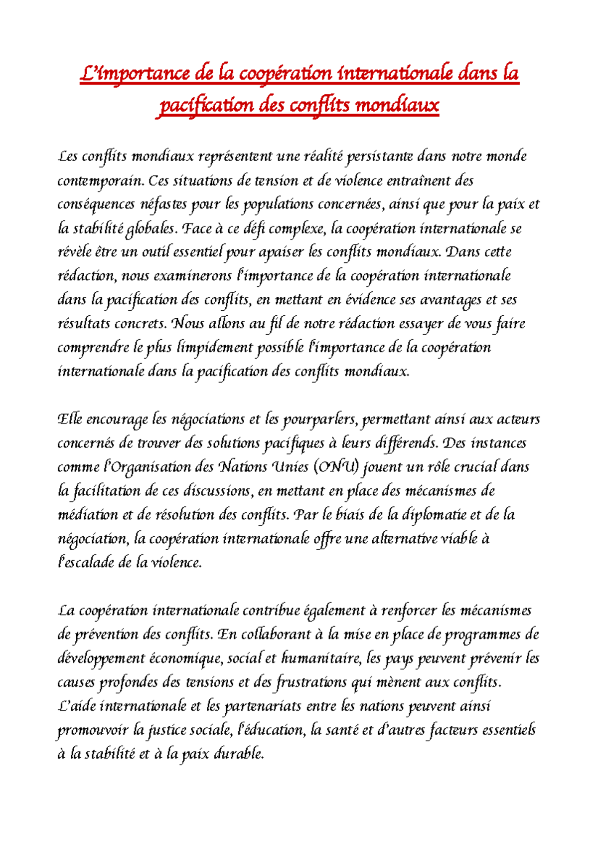 L'importance de la coopération internationale dans la pacification des ...