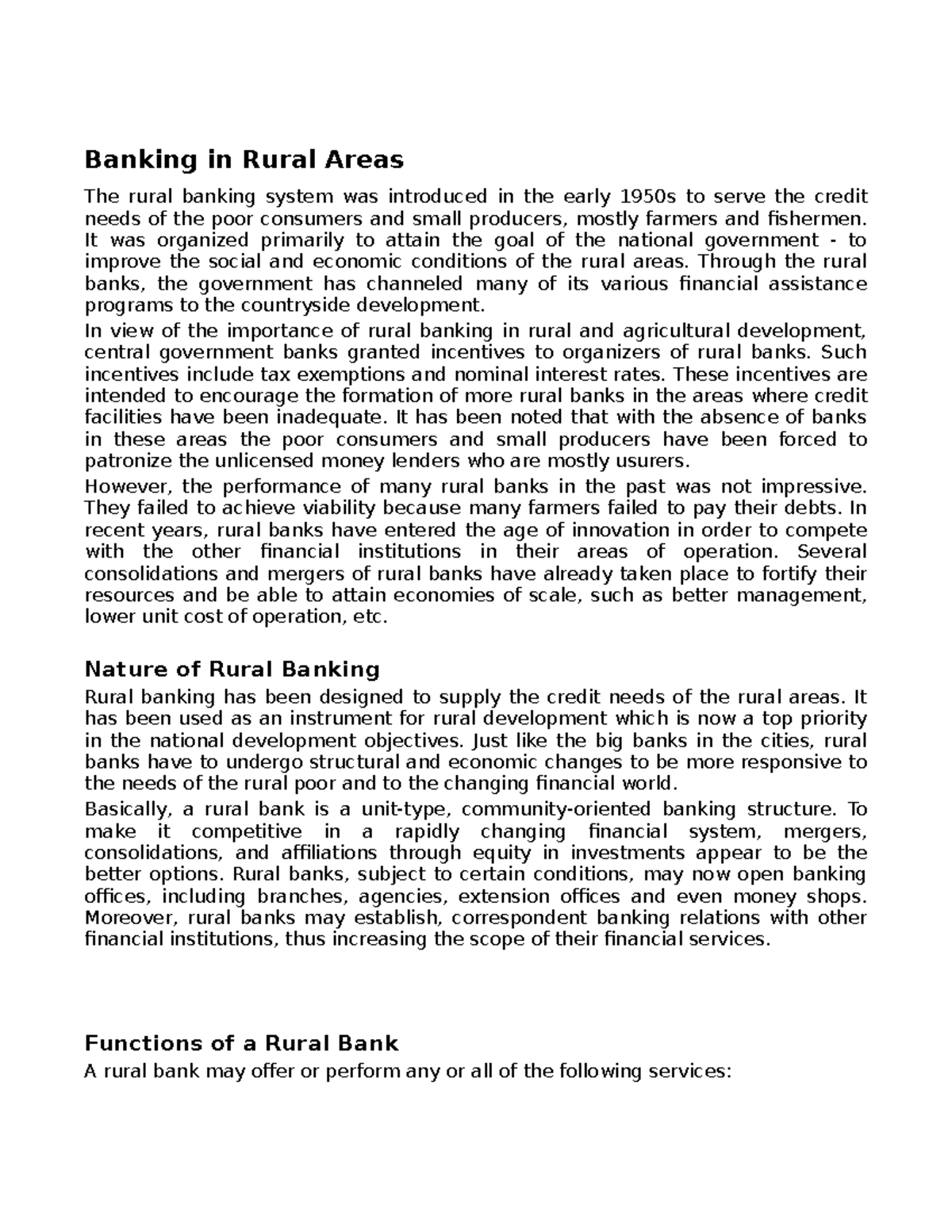 Banking in Rural Areas - It was organized primarily to attain the goal ...