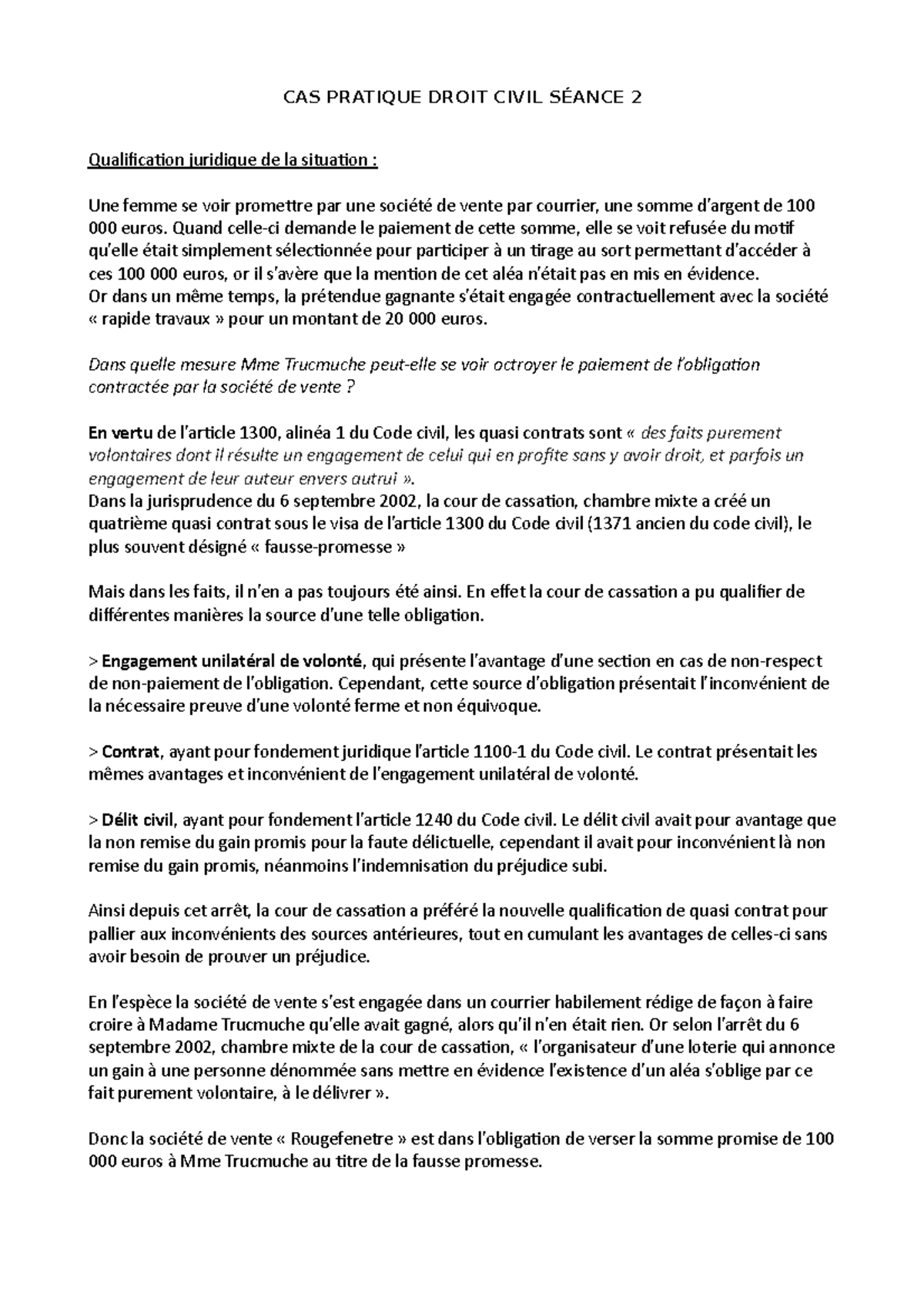 Cas Pratique Droit Des Contrats L2 Corrigé Cas Pratique Séance 2 - droit civil L2 semestre 1 - CAS PRATIQUE DROIT  CIVIL SÉANCE 2 - Studocu