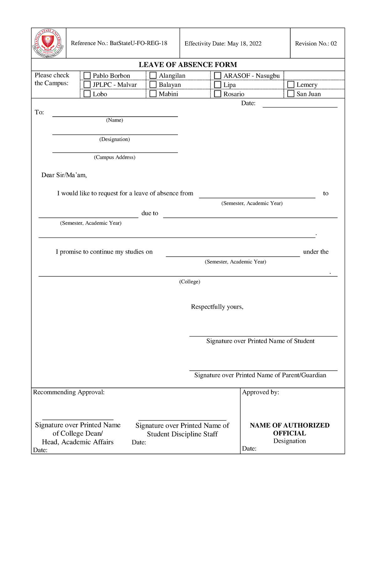 Bat State U-FO-REG-18 Leave of Absence Form Rev. 02 - Bs Criminology ...