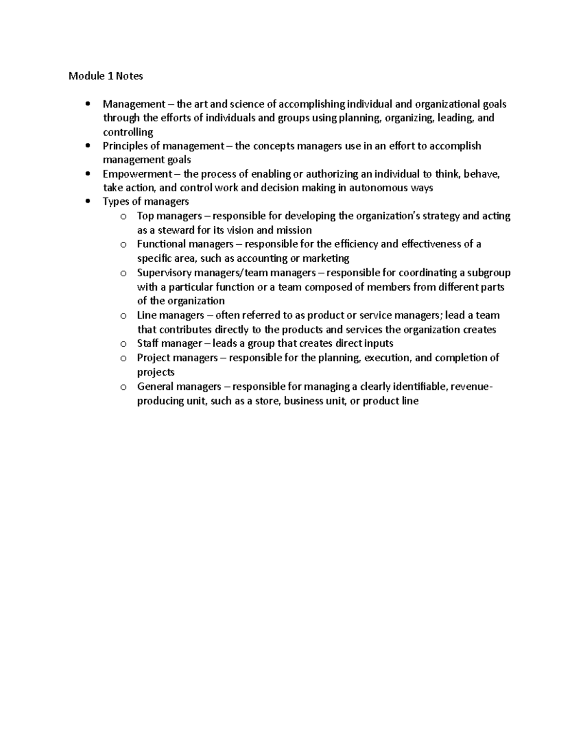 Module 1 Notes - Module 1 Notes Management – the art and science of ...