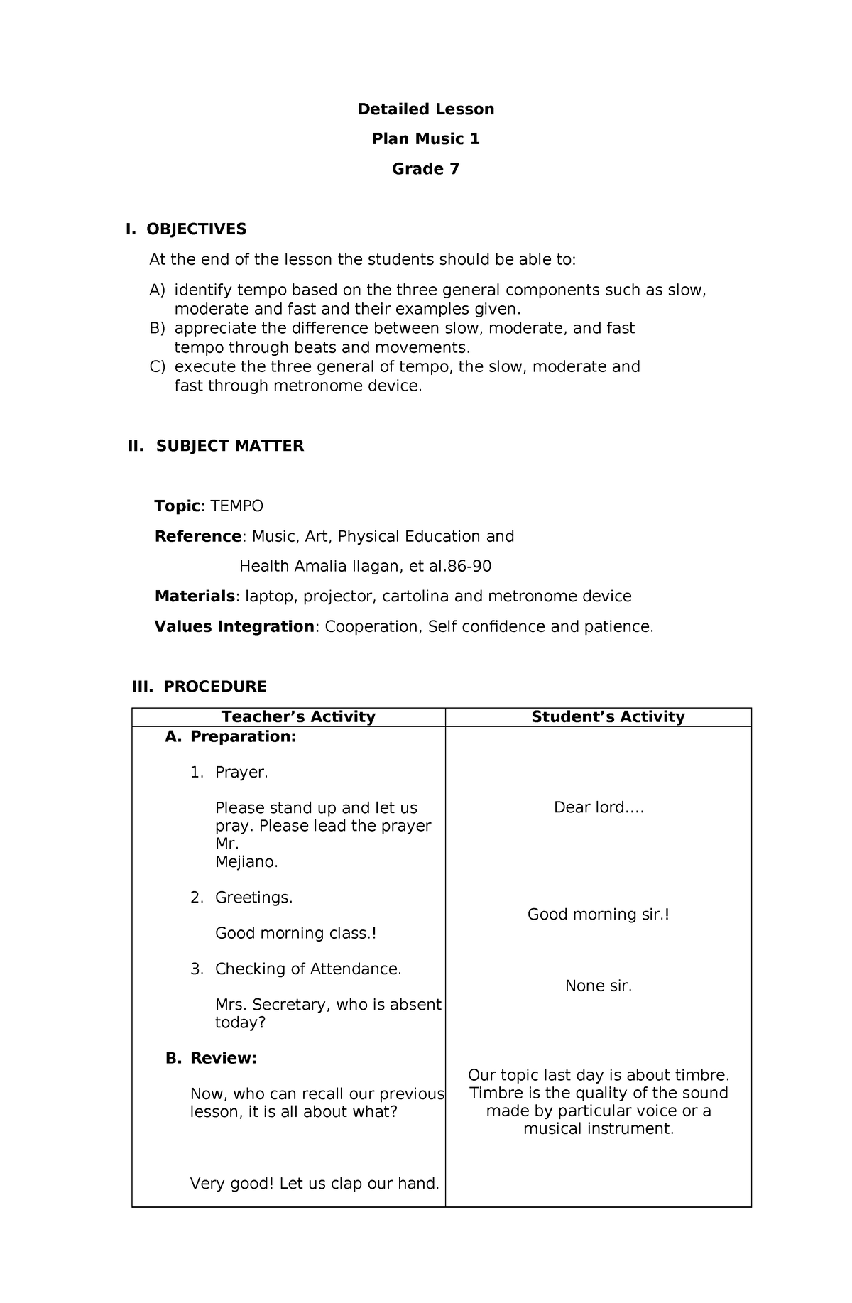 Detailed Lesson Plan For Music - Detailed Lesson Plan Music 1 Grade 7 I ...