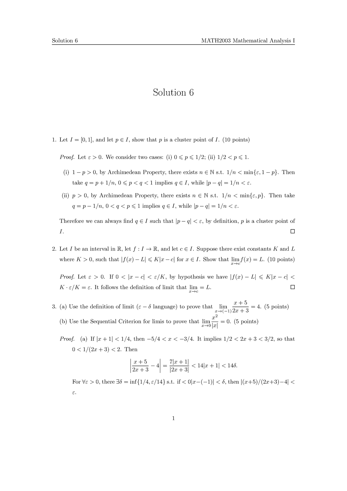 S6 - Asignment Solution - Solution 6 MATH2003 Mathematical Analysis I ...