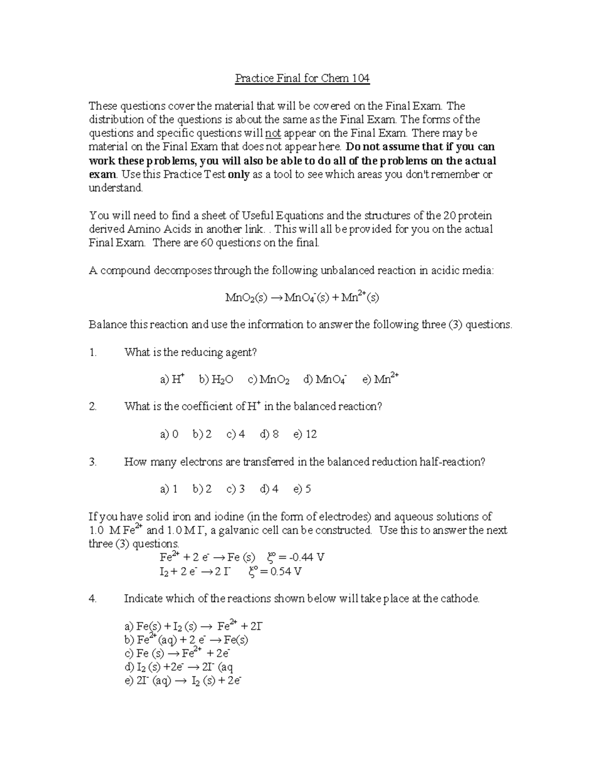 Practice Final for Chem 104 - The distribution of the questions is ...