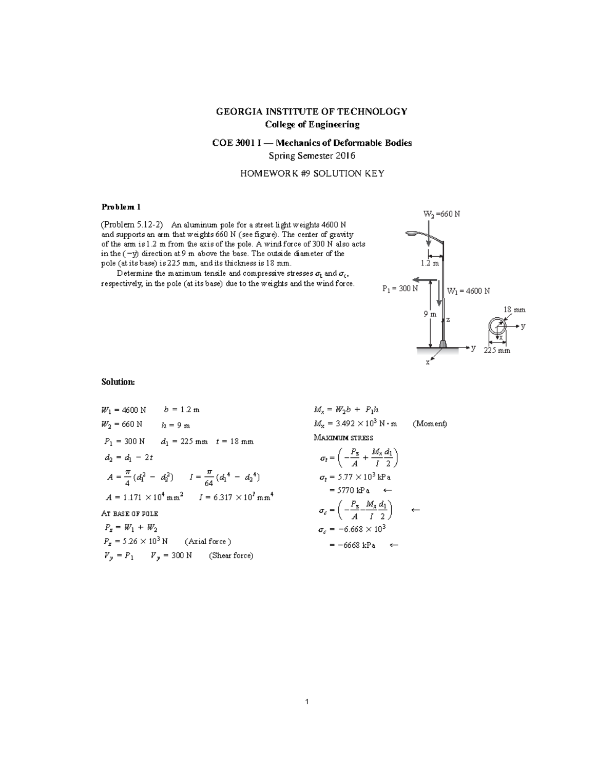 HW9 Solution - Mechanics of Deformable Bodies - GEORGIA INSTITUTE OF ...