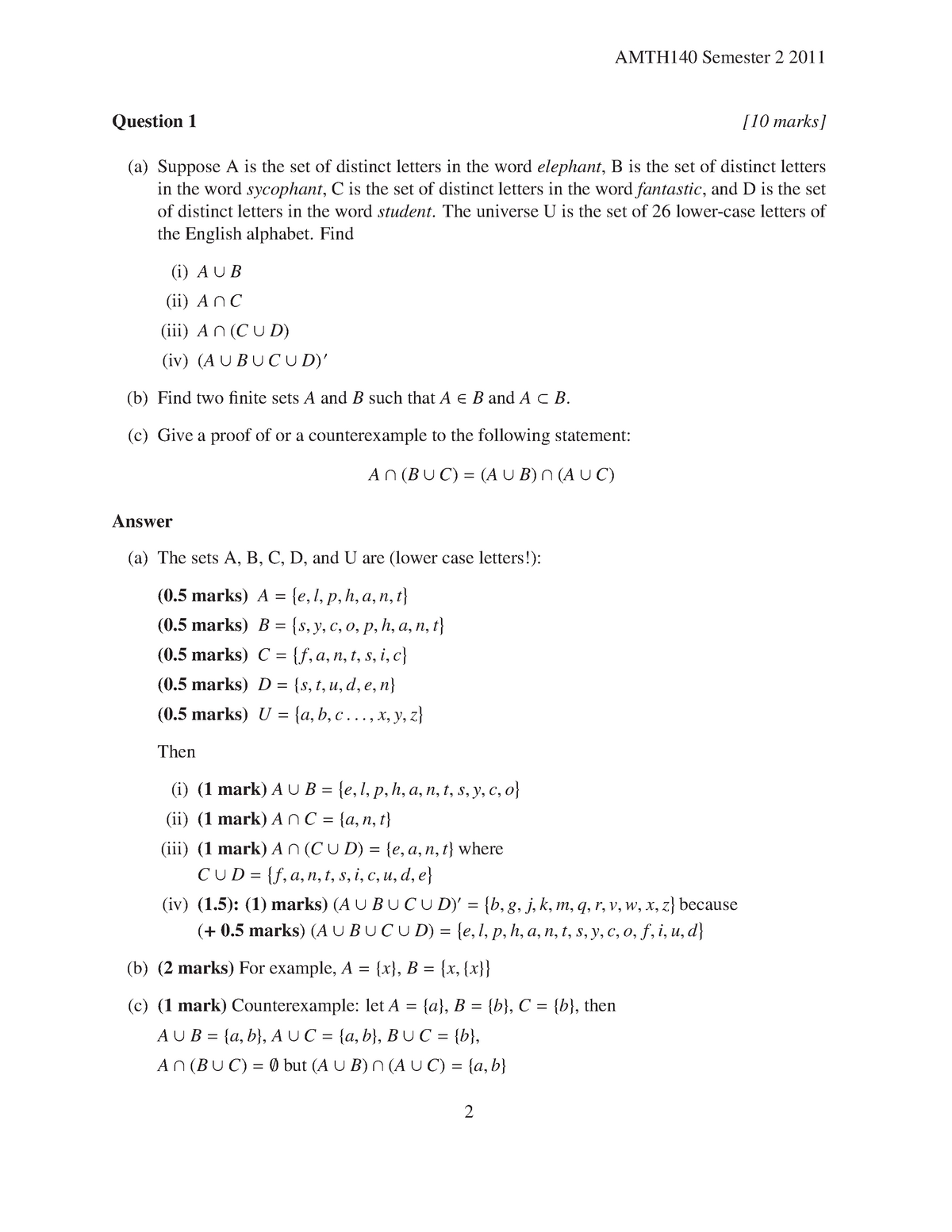 Exam 11 Answers Question 10 Marks Suppose Is The Set Of Distinct Letters In Studocu