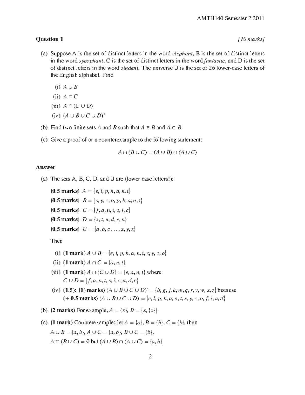 Exam 11 Answers Amth140 Une Question 10 Marks Suppose Is The Set Of Studocu