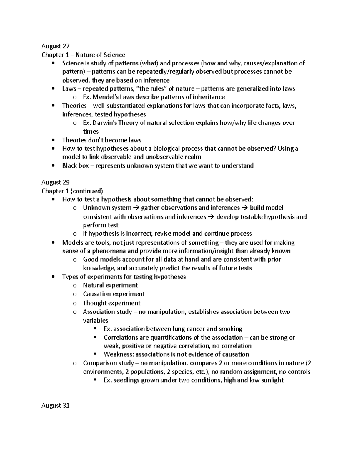 BIO 201 Midterm 1 Lecture Notes - August 27 Chapter 1 – Nature of ...