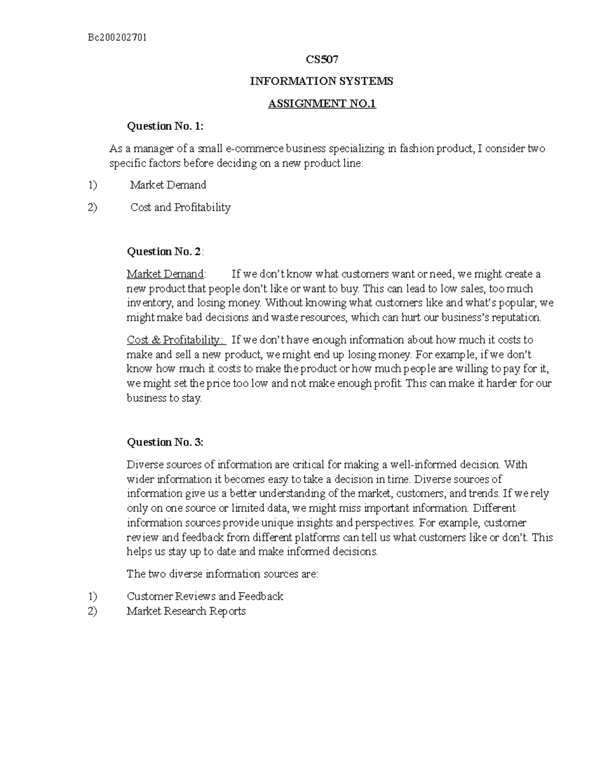 information systems assignment 1