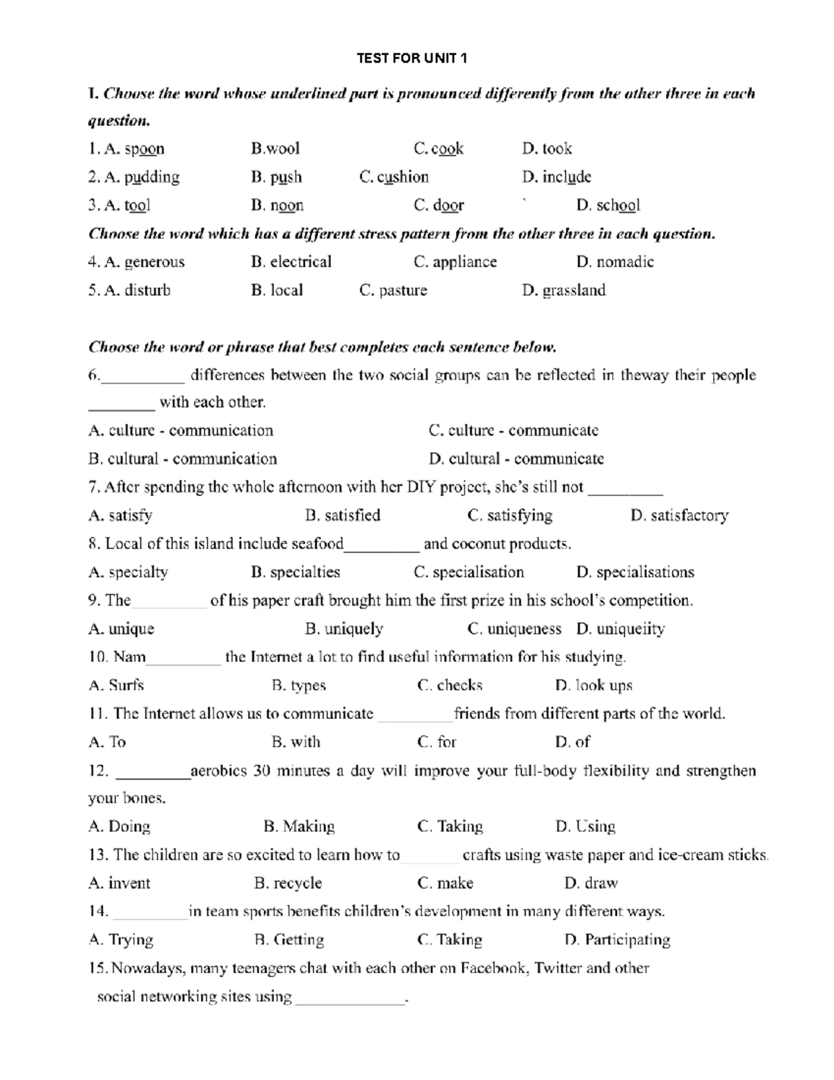 TEST FOR UNIT 1 - tiếng anh 8 i learn smart world - TEST FOR UNIT 1 I ...