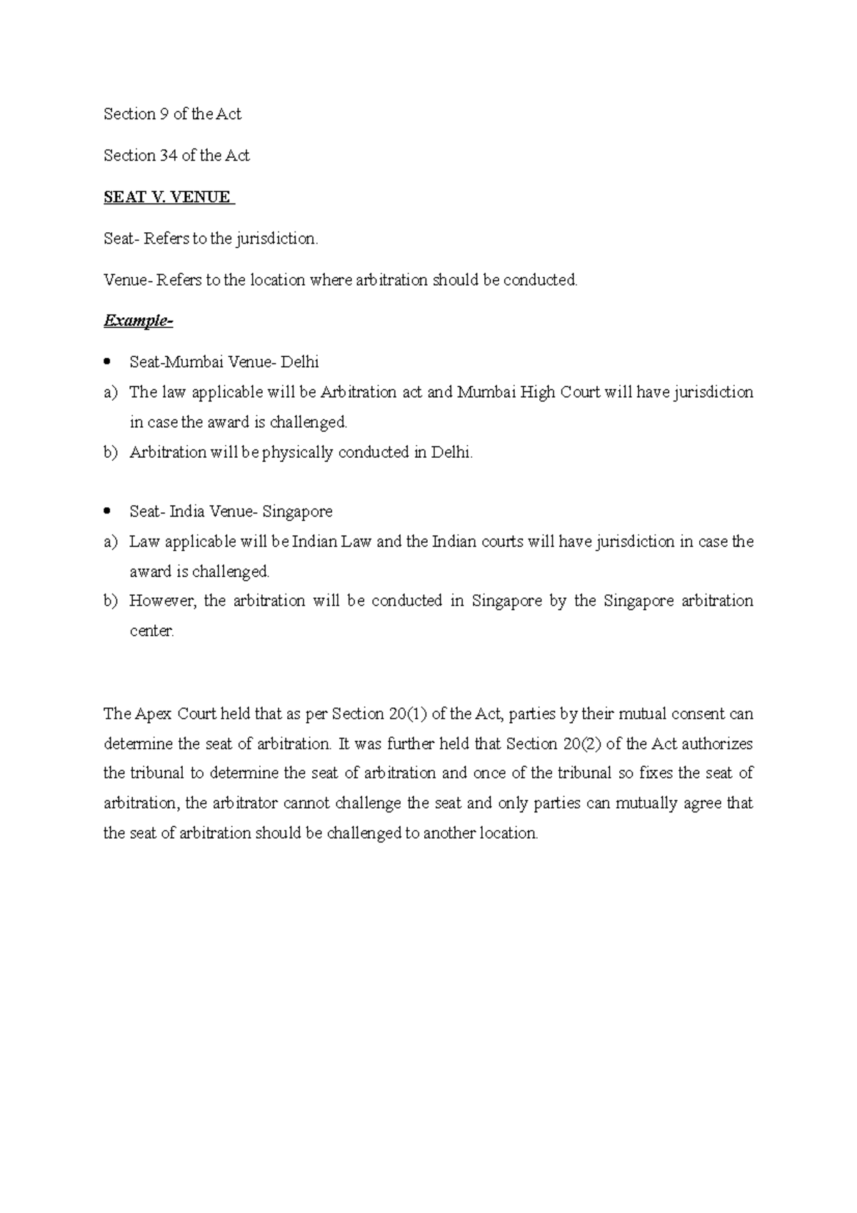 Arbitration ACT Section 9 of the Act Section 34 of the Act SEAT V