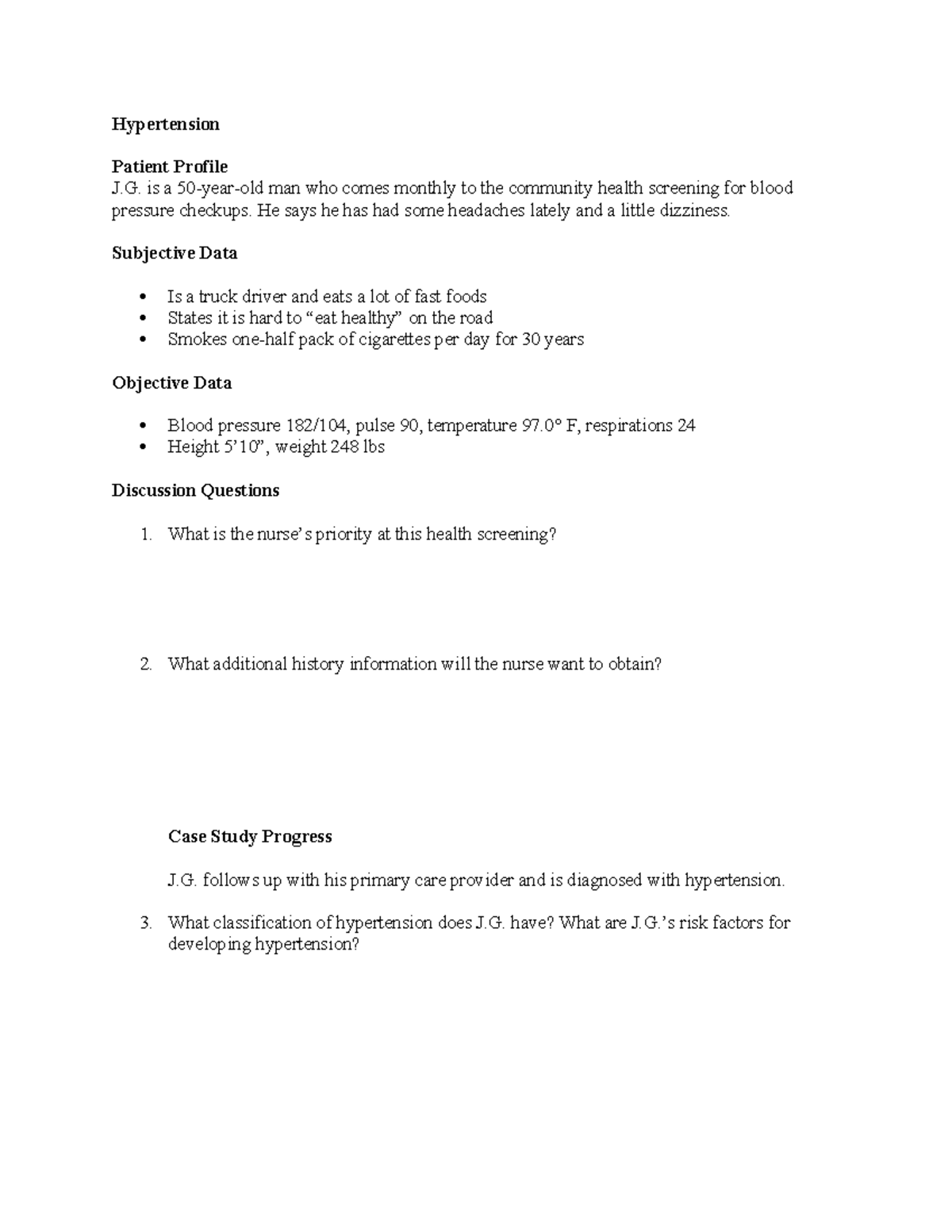 Hypertension Case Study Without Answers - Hypertension Patient Profile ...