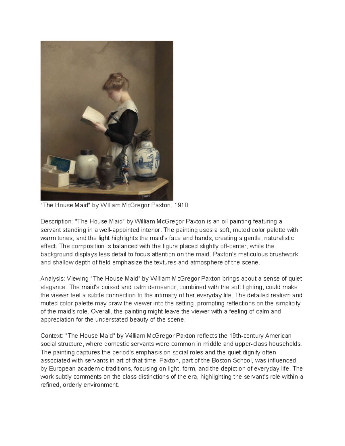 Art Critique 3 exam "The House Maid" by William McGregor Paxton