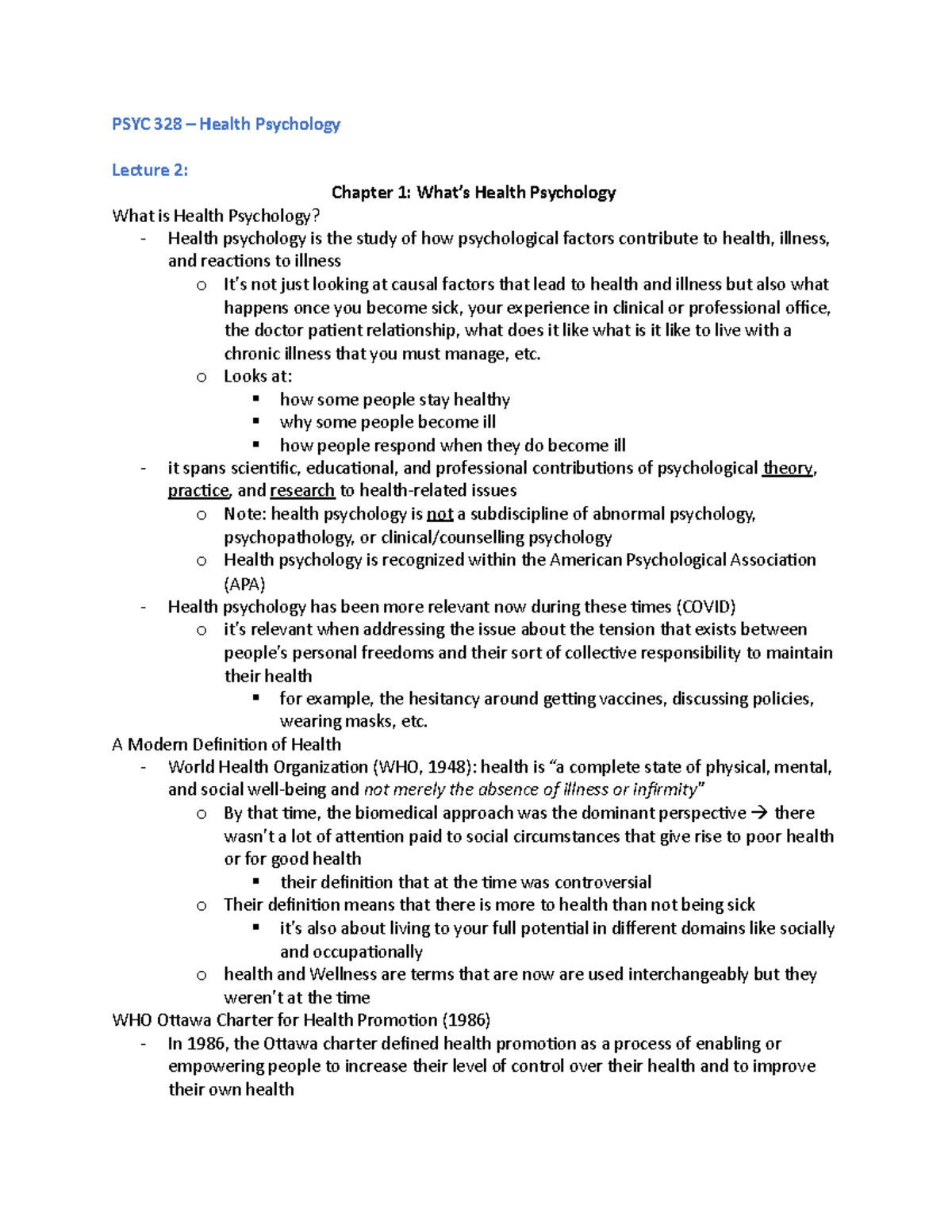 Psyc 328 Notes Midterm Psyc 328 Health Psychology Lecture 2