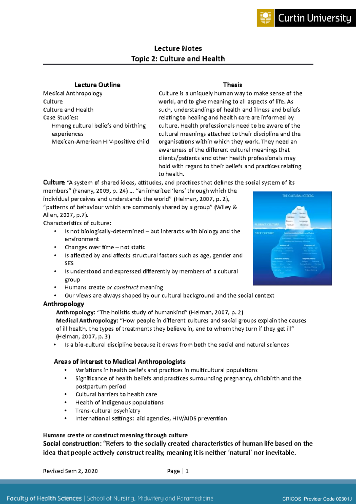 Topic 2- Culture and Health - Lecture Notes Topic 2: Culture and Health ...