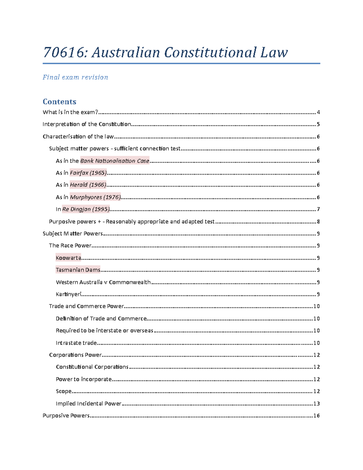70616-notes - Lecture notes 1-12 - 70616: Australian Constitutional Law ...