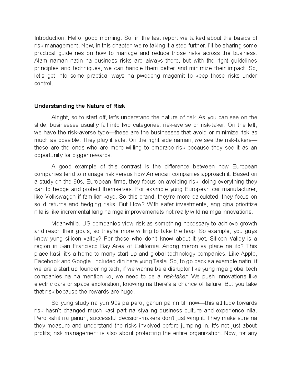 Chapter 12 report guide - Introduction: Hello, good morning. So, in the ...