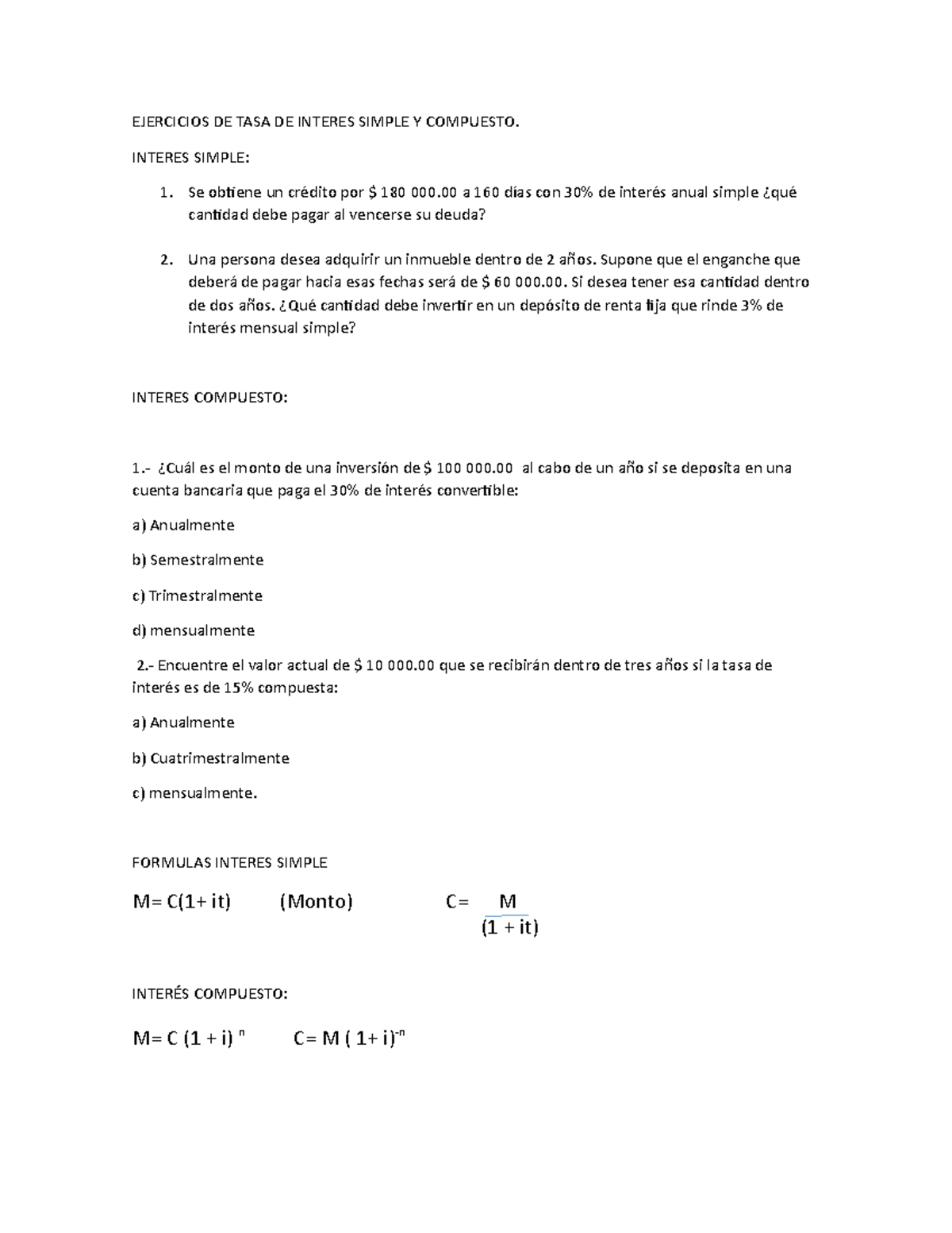 Ejercicios DE TASA DE Interes Simple Y Compuesto - EJERCICIOS DE TASA ...