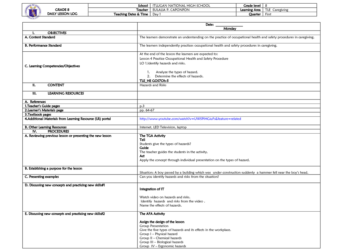 DLL- Caregiving- Itlugan NHS, Rosario - Date: ________________ Monday I ...