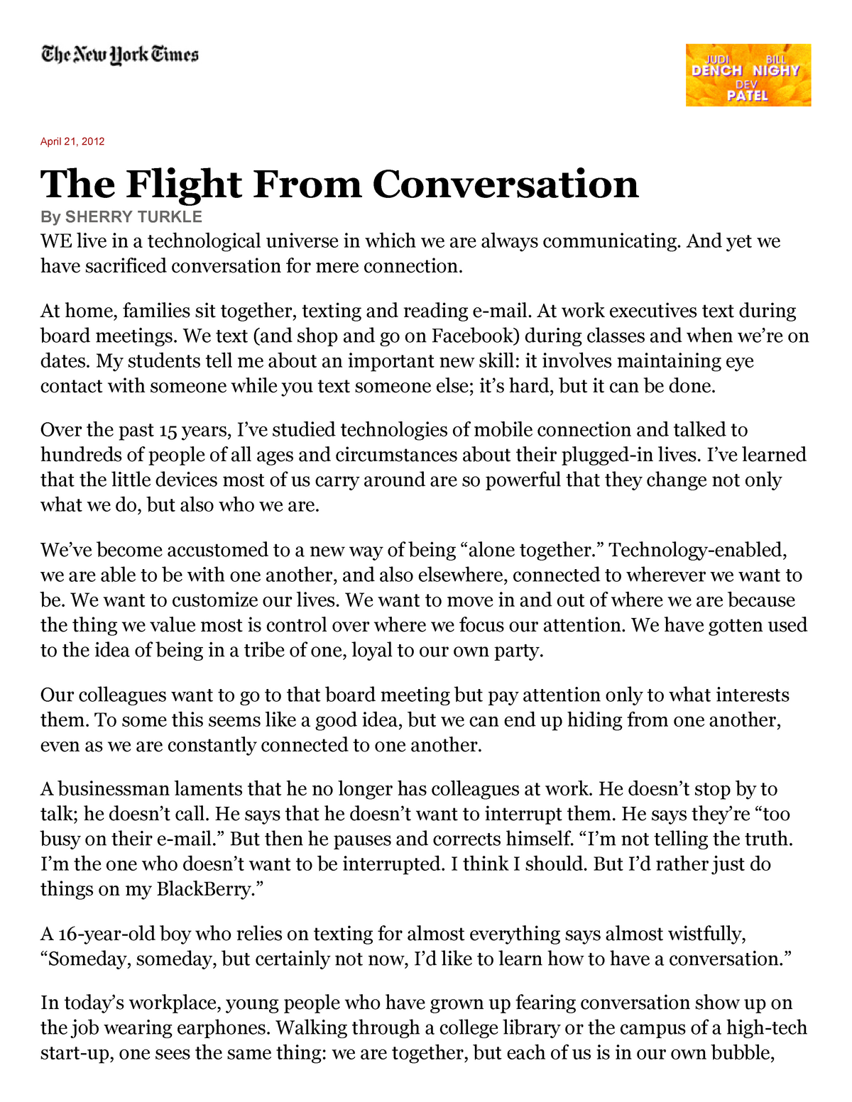 thesis statement of the flight from conversation