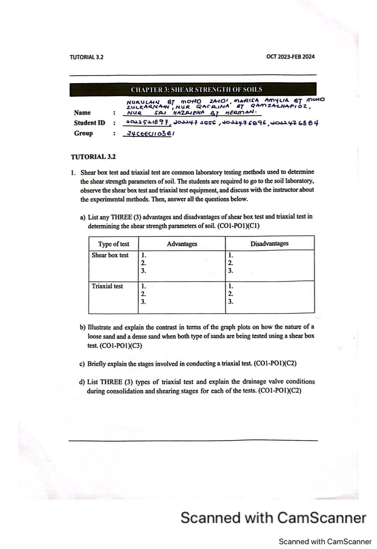 POC3 - TUTORIAL 3 OCT 2024 CHAPTER 3: SHEAR STRENGTH OF SOILS NURULAIN ...