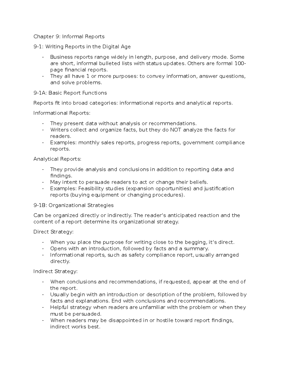 Chapter 9 Lecture Notes - Chapter 9: Informal Reports 9-1: Writing ...