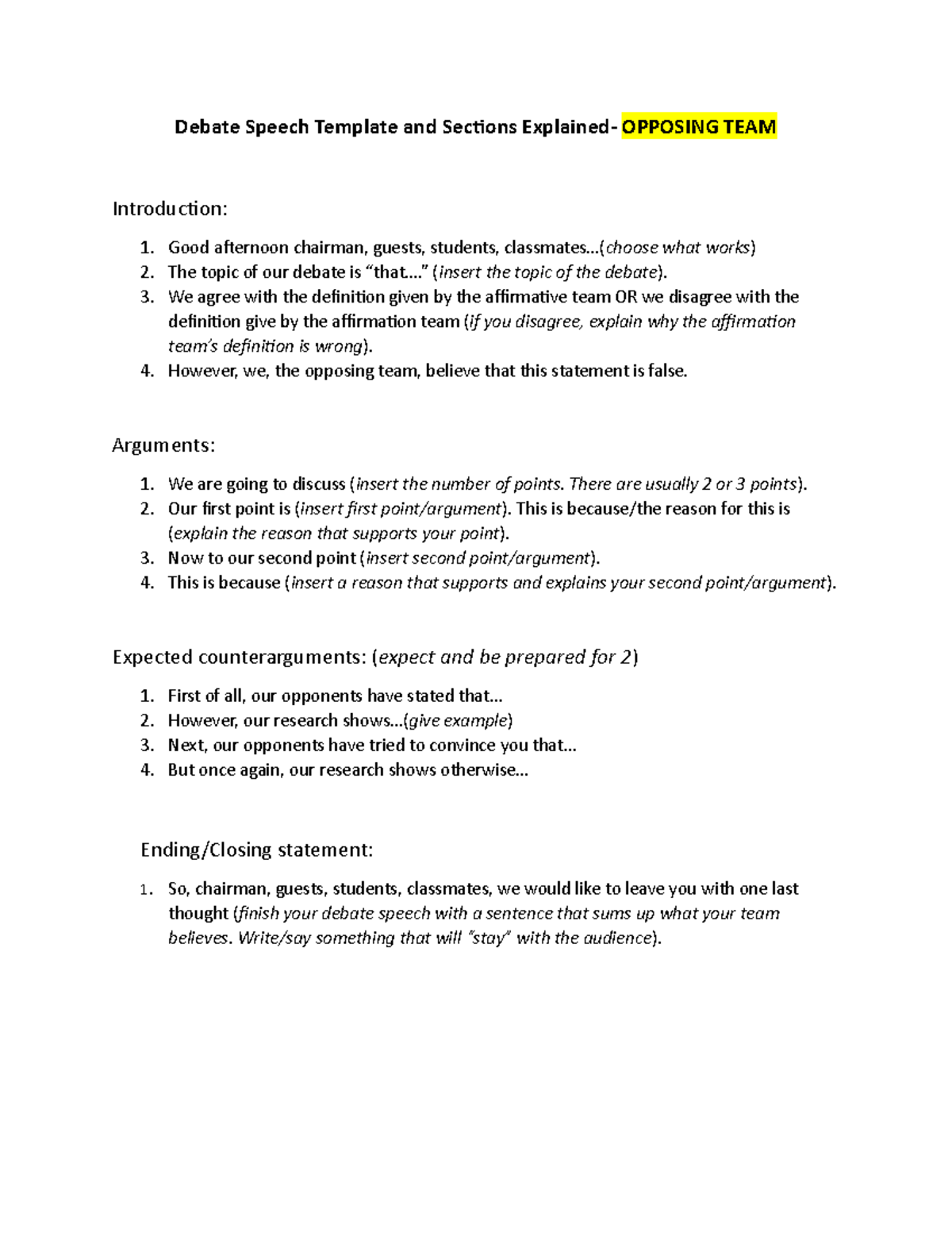 Debate Speech Template and Sections Explained Opposing TEAM - Debate ...