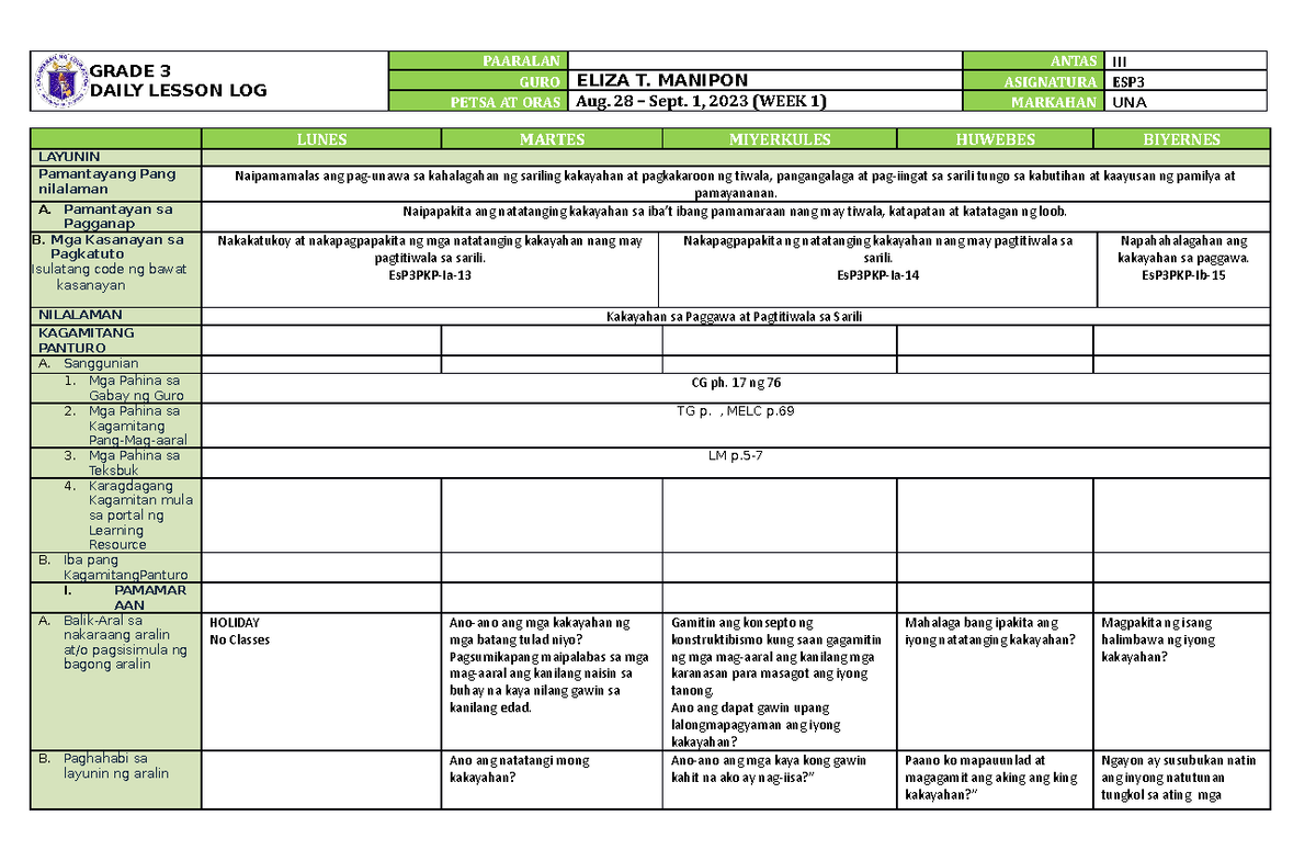 DLL ESP3 Q1 W1-3 - ABOUT ESP - GRADE 3 DAILY LESSON LOG PAARALAN ANTAS ...