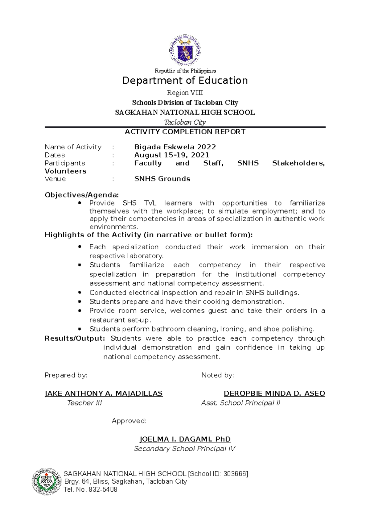 ACR Work Immersion SY 2021 2022 Republic Of The Philippines 