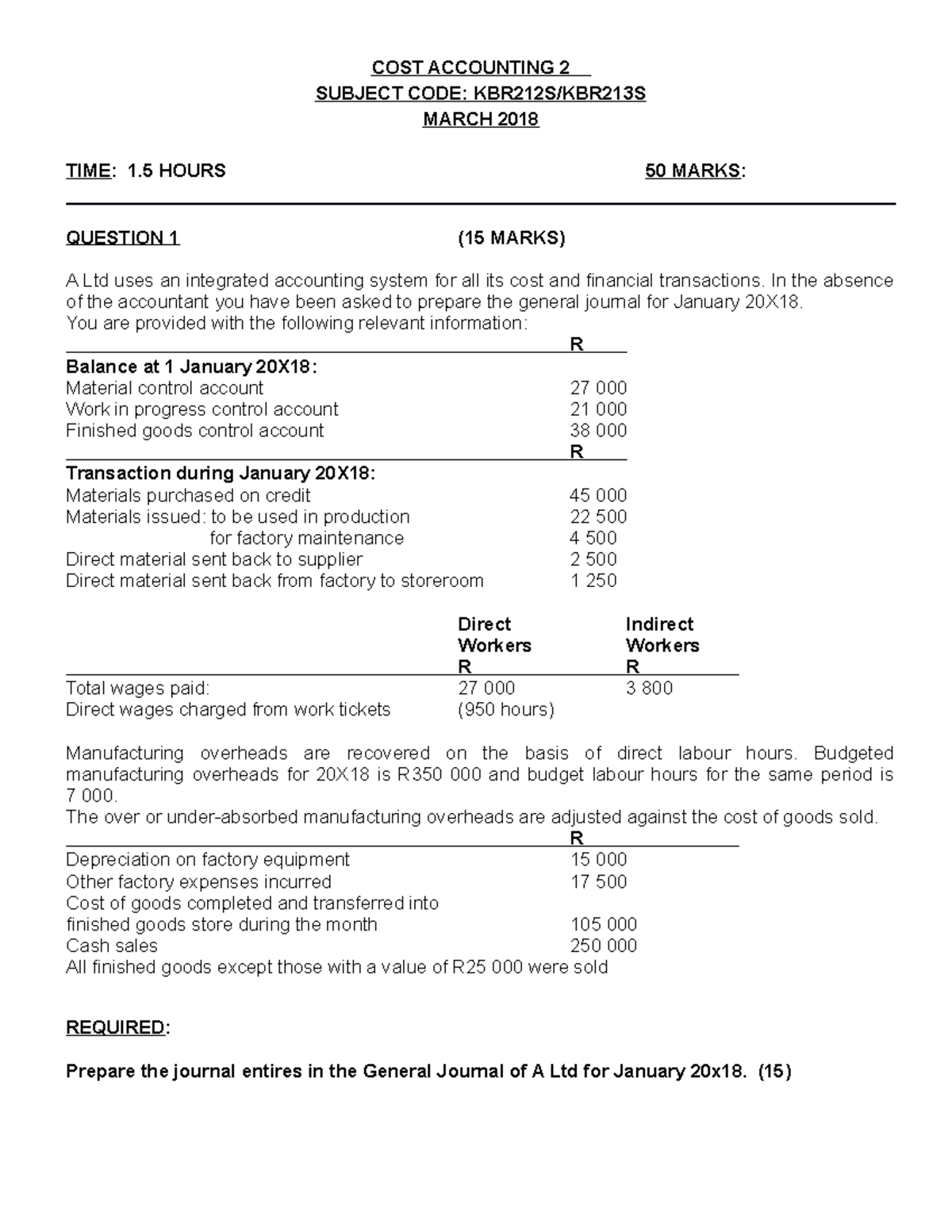 Exam 17 March 2018, questions and answers - COST ACCOUNTING 2 SUBJECT ...