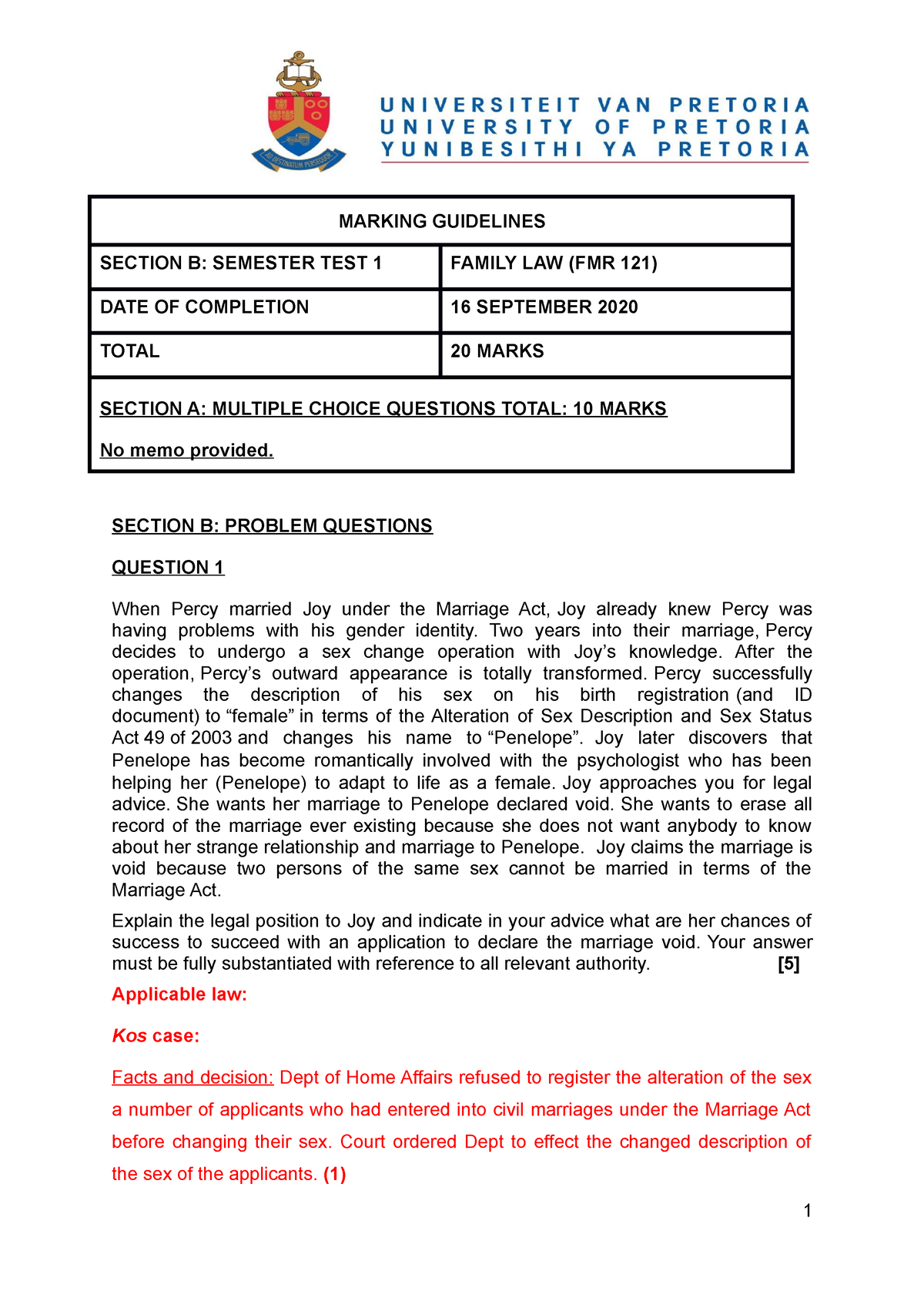 Section B Problem Questions Semester TEST 1 WITH Marking Guidelines ...