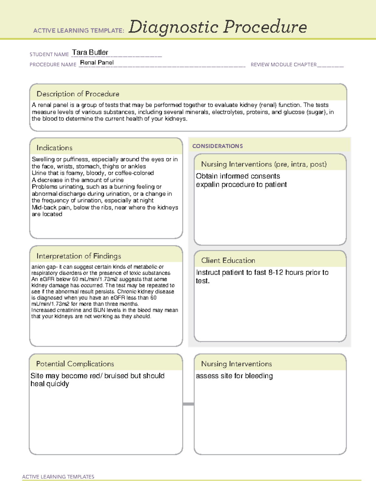 Week8 renal panel - ACTIVE LEARNING TEMPLATES Diagnostic Procedure ...