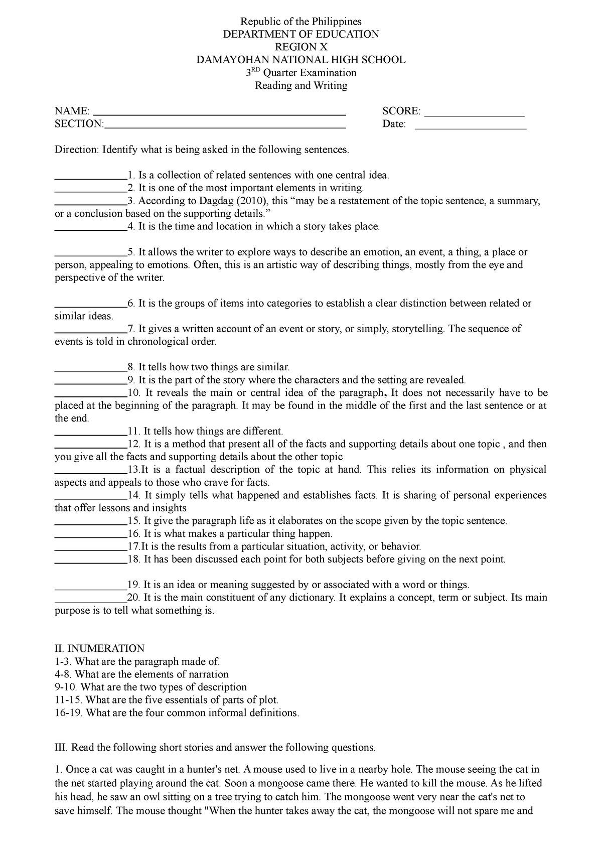 3RD Quarter EXAM PRACTICE TEST Republic of the Philippines