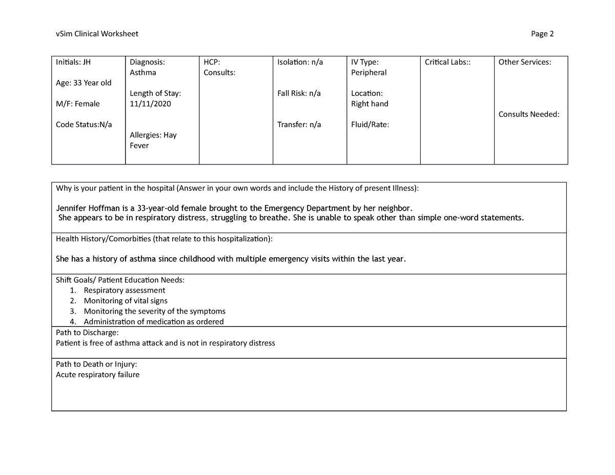 Jennifer Hoffman Vsim Clinical Worksheet - Medical Case 02 Jennifer ...