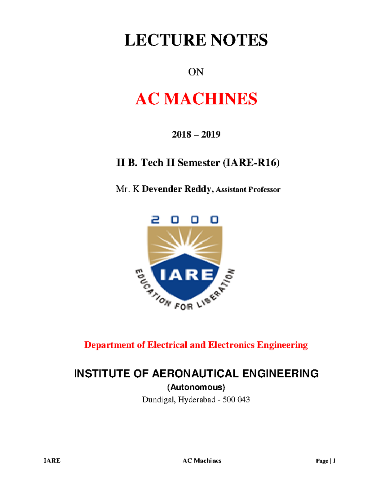 Industrial ac machine Hssxbxke LECTURE NOTES ON AC MACHINES 2018