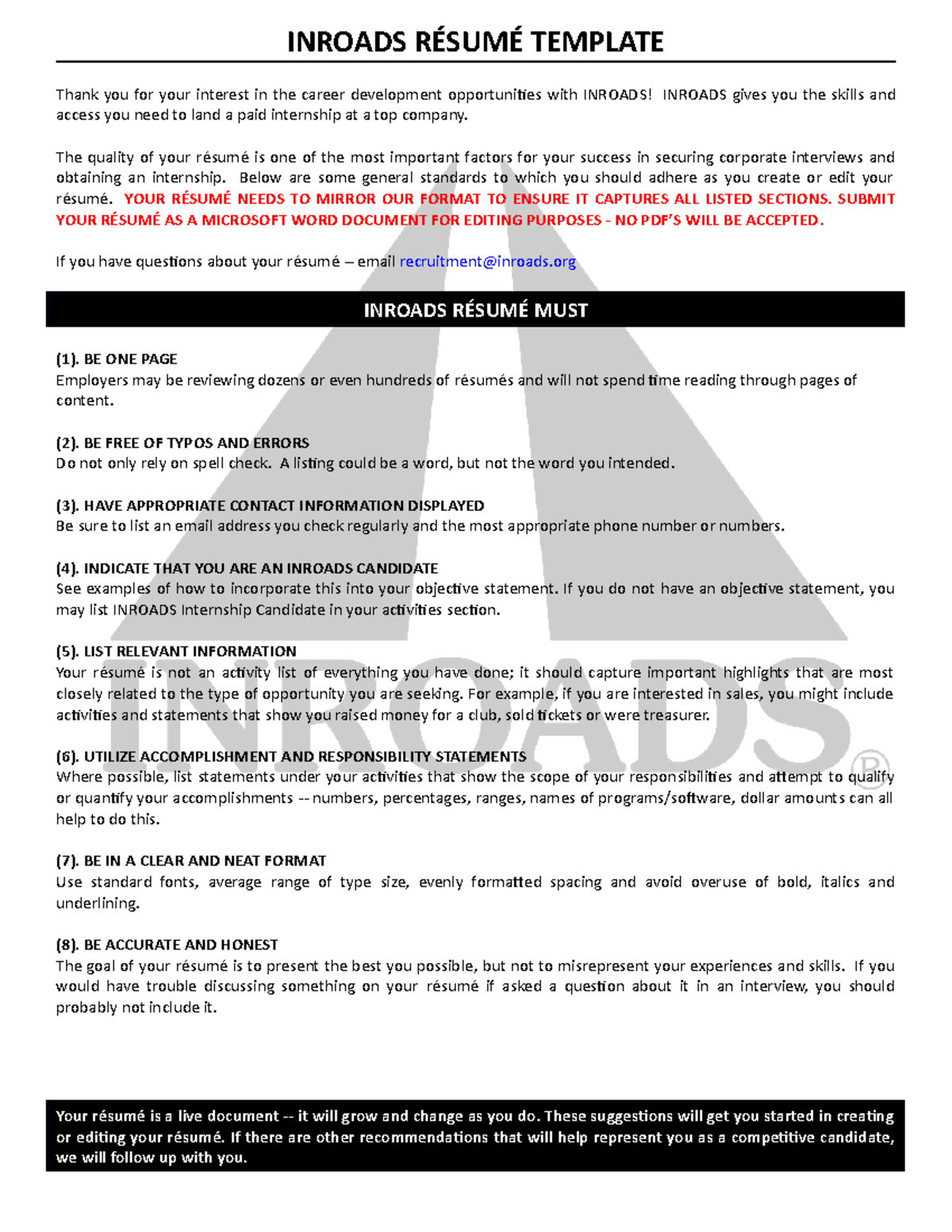 Inroads Résumé Templates revised INROADS RÉSUMÉ TEMPLATE Thank you